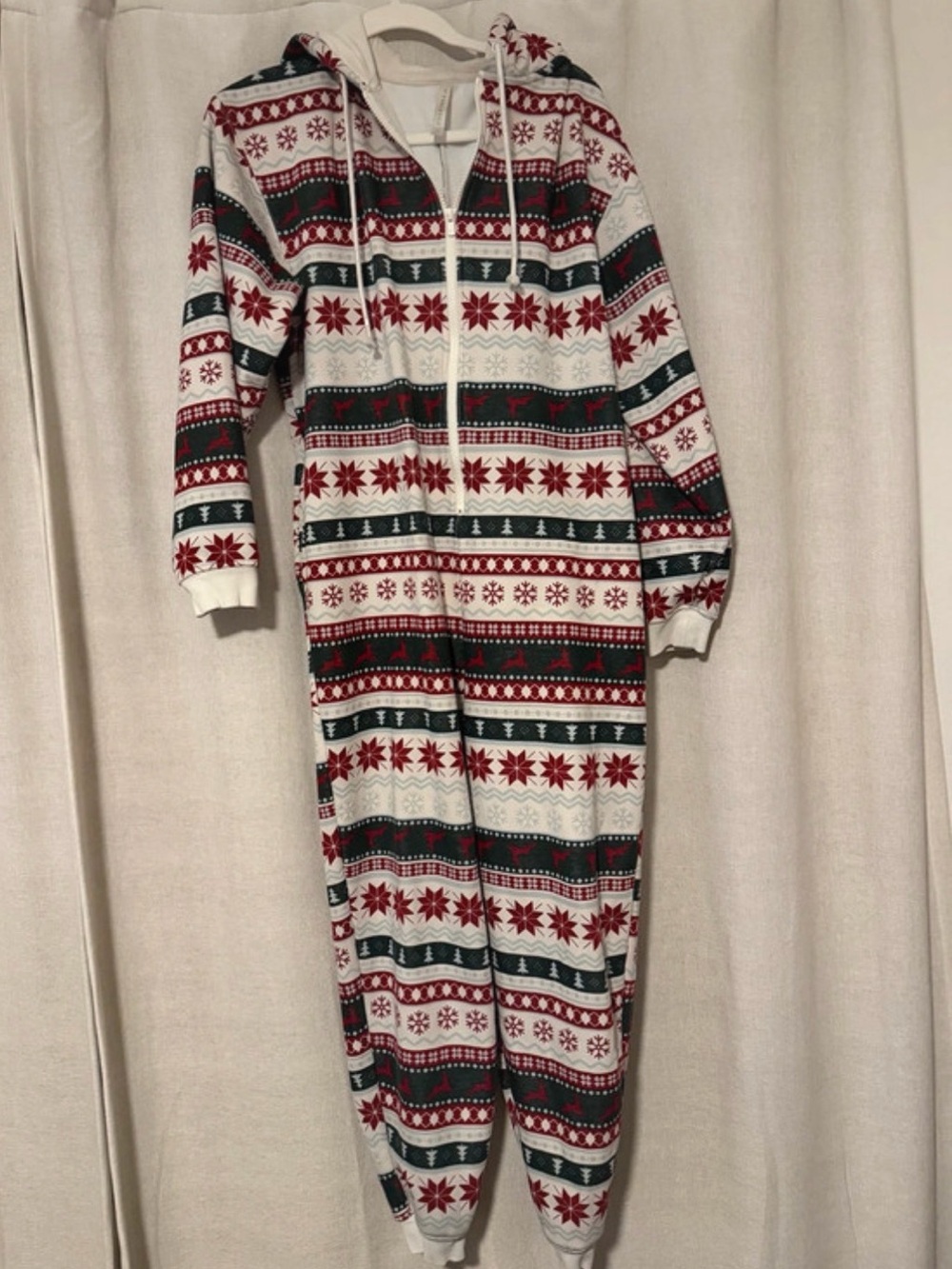 Adult  Holiday One-Piece Hooded Pajamas - Red, Green & White